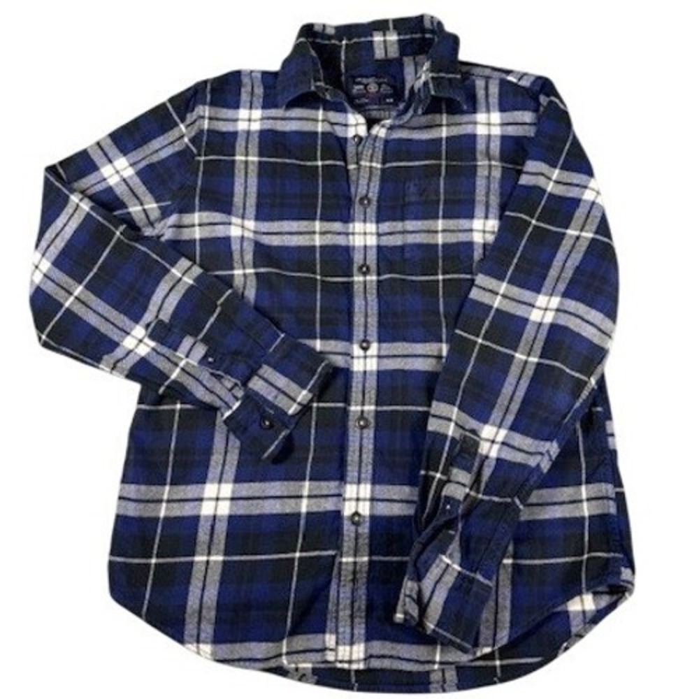 American Eagle Shirt Mens Medium Prep Fit Blue Black Plaid Flannel Button Down‎